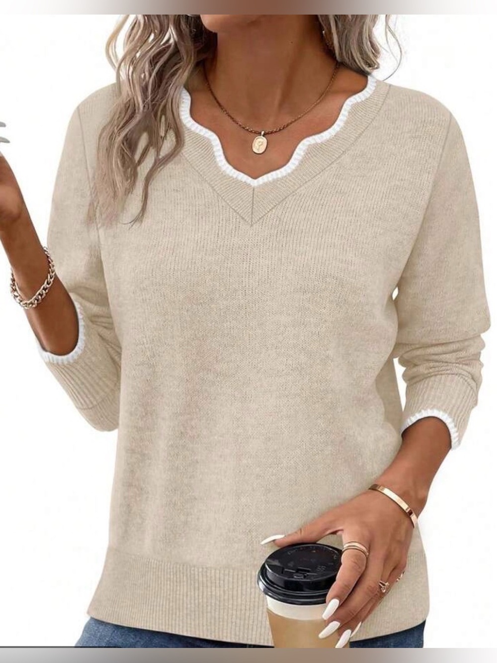 π Ofeefan Tan Sweater White yAccent Trim Scallop Neckline - Large (01657)